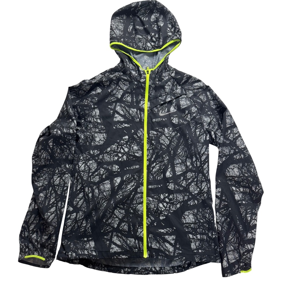 Nike Women Running Jacket Medium Black White Trees Print Neon